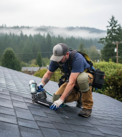 TK Construction specialist installing shingles on a residential roof in Southwest Washington